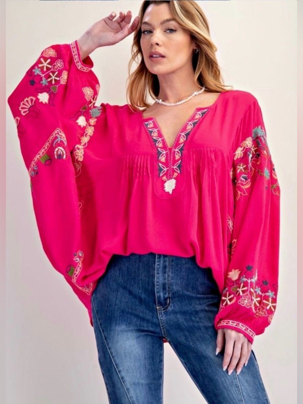 Easel Embroidered Fuchsia Dolman Blouse Size L NWT